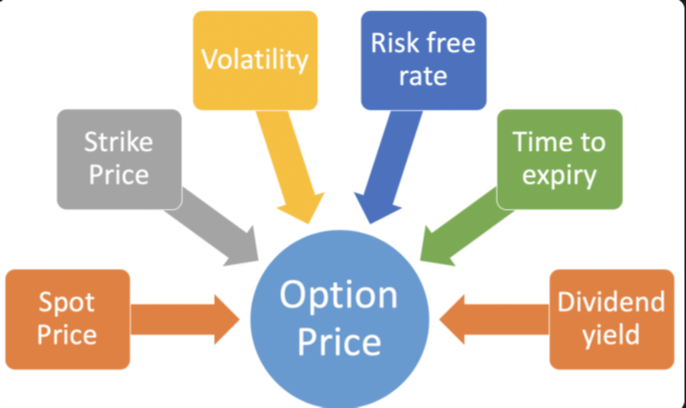 Diagram showing the inputs to an option's price: spot price, strike price, volatility, risk-free rate, time to expiry and dividend yield all feeding into the option price