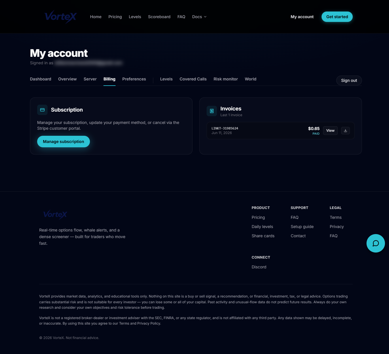 The Billing page with the Subscription card and the Invoices list